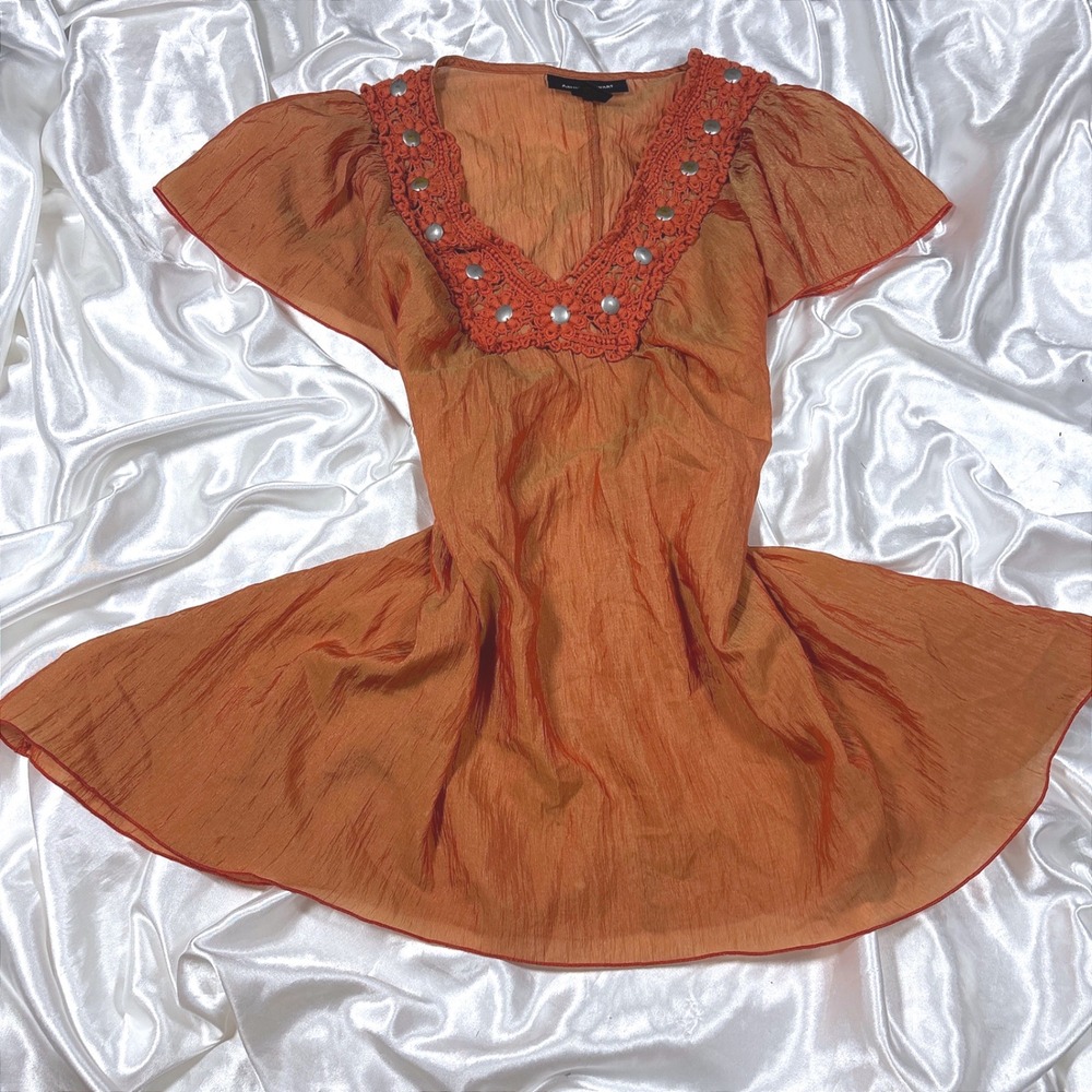 y2k Ashley Stewart Top Orange Excellent Crochet Studded Flutter Sleeve Blouse